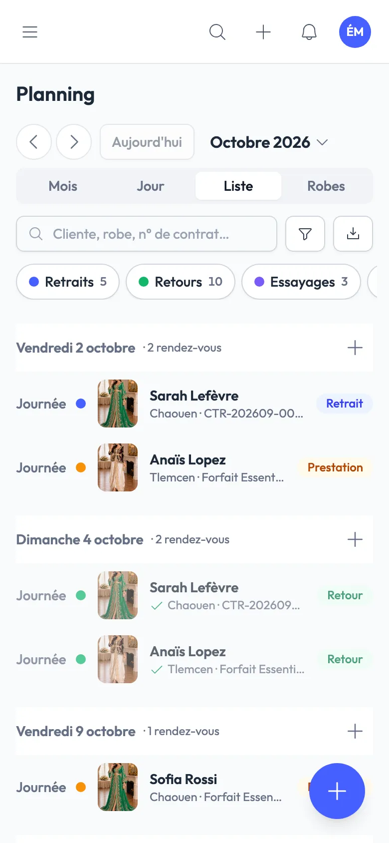 Planning du jour sur téléphone