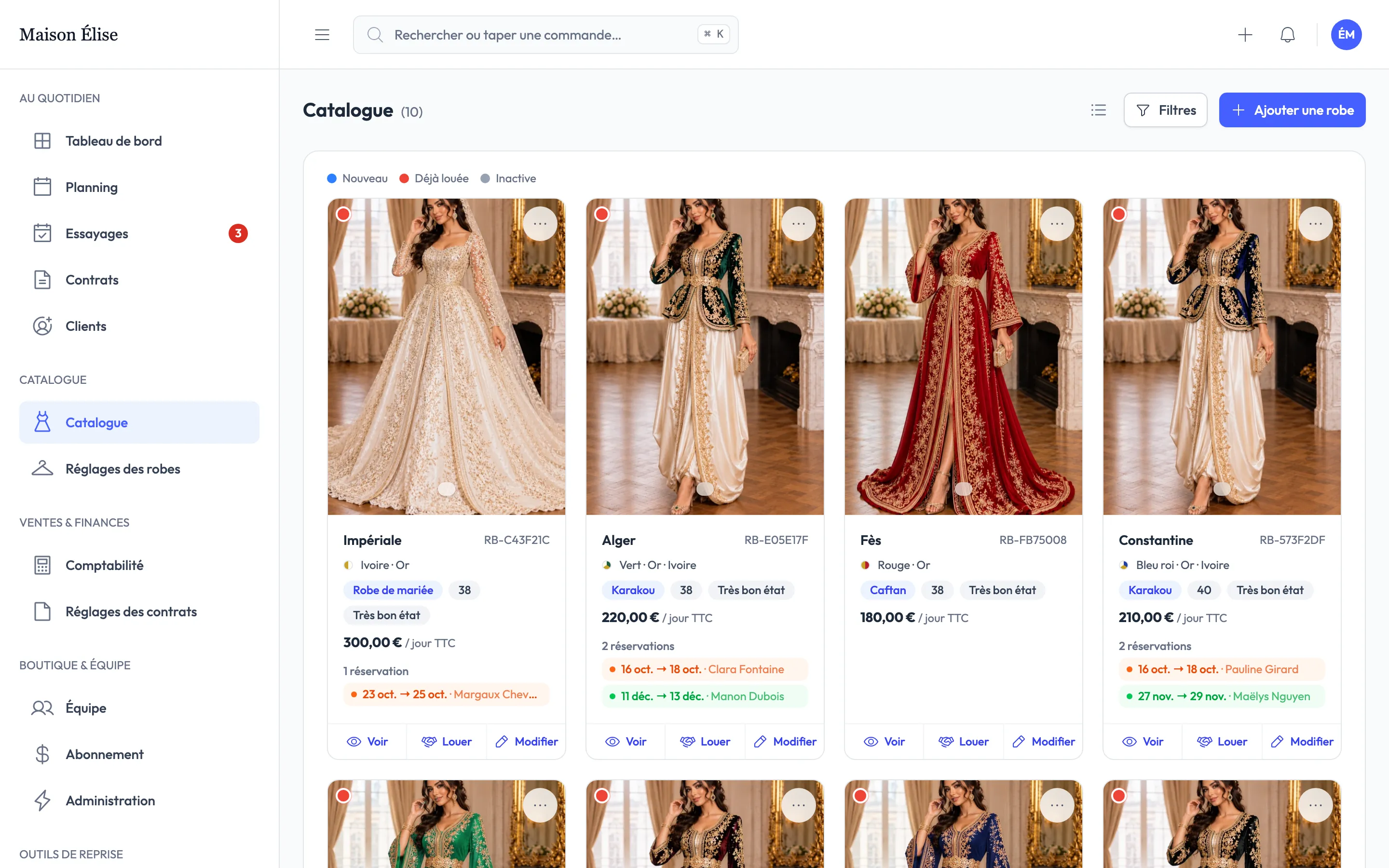 Catalogue des tenues avec leurs réservations
