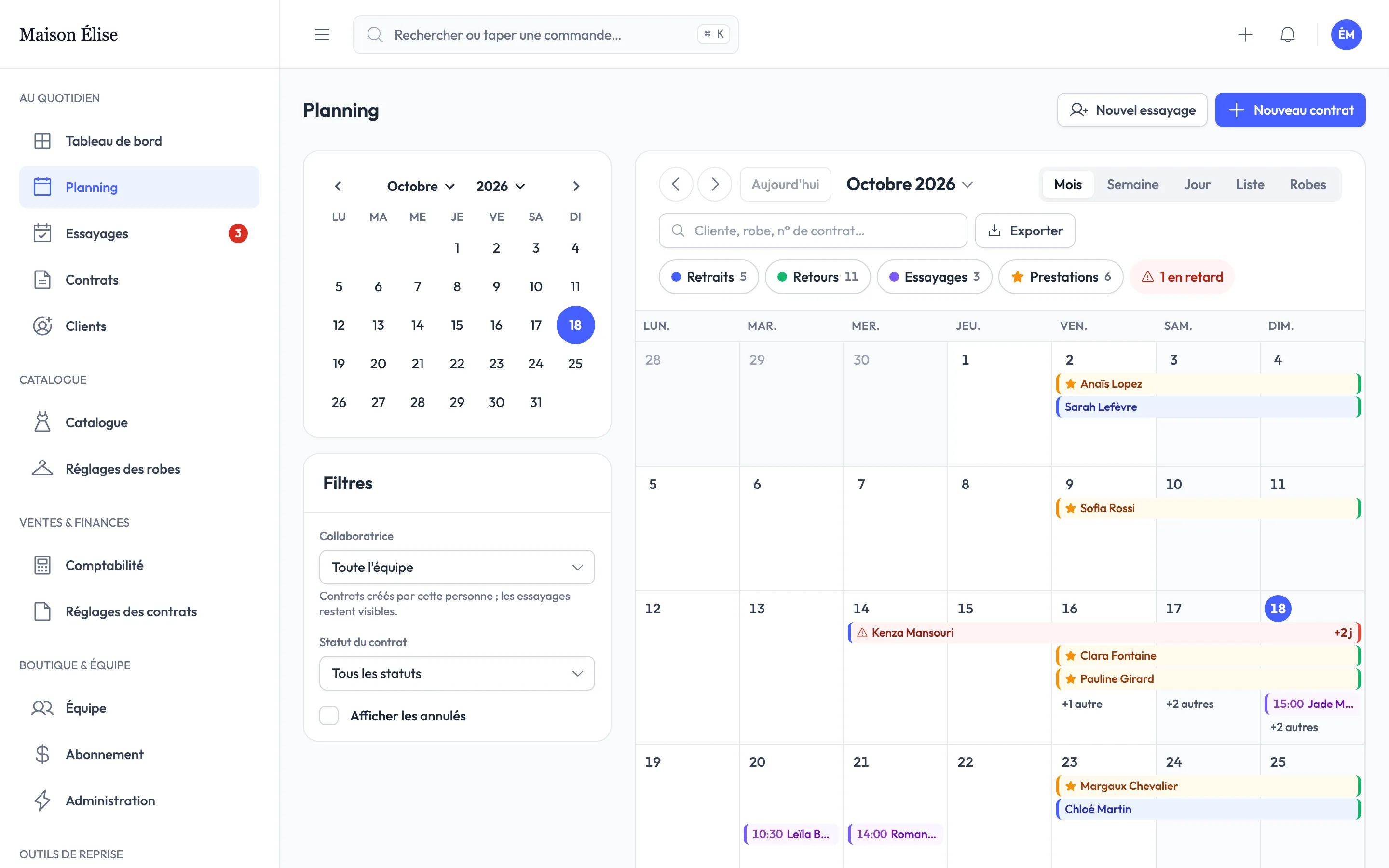 Planning du mois avec les retraits, retours et essayages